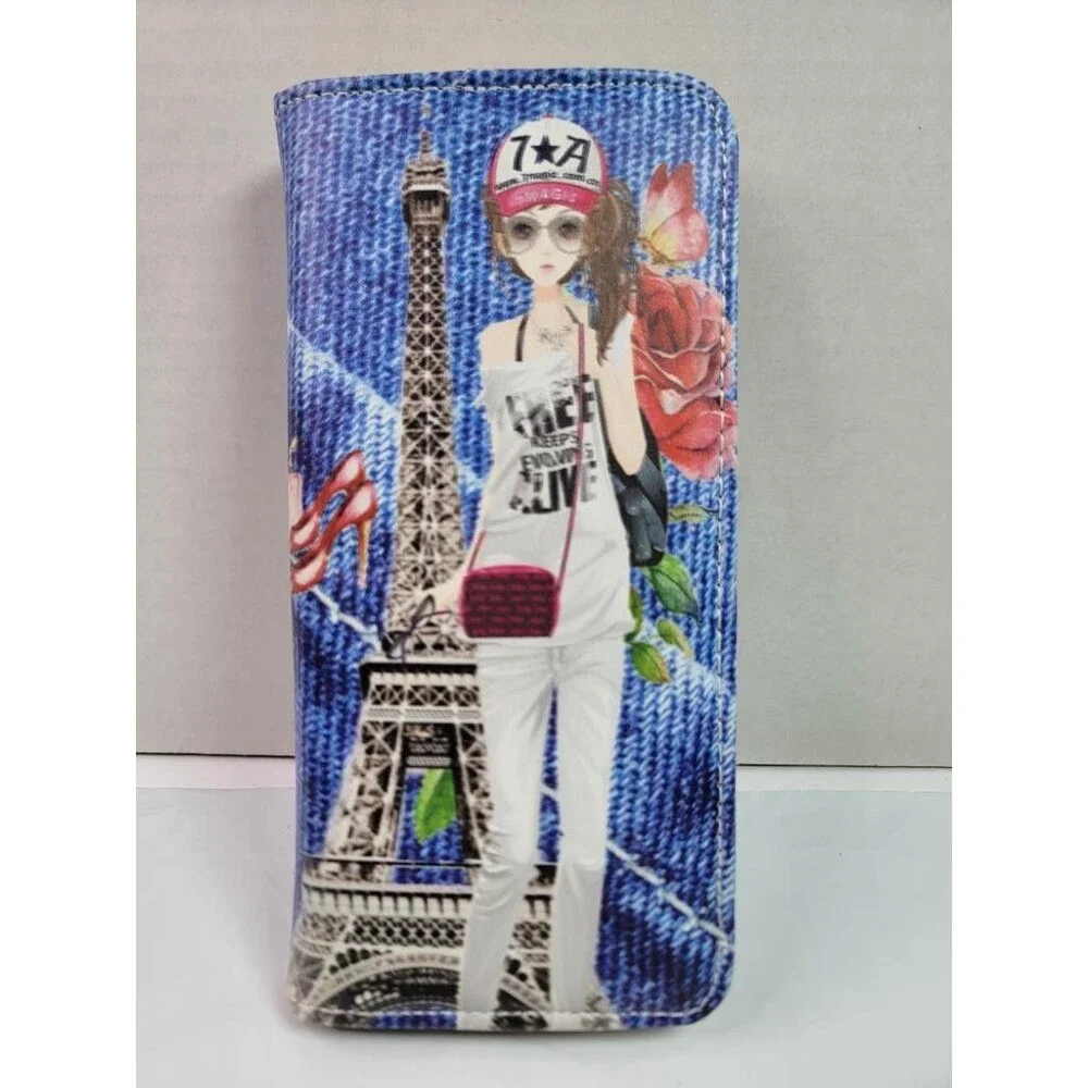 Paris Eiffel Tower Anime Girl Zip Around Wallet Blue Denim Print Faux Leather